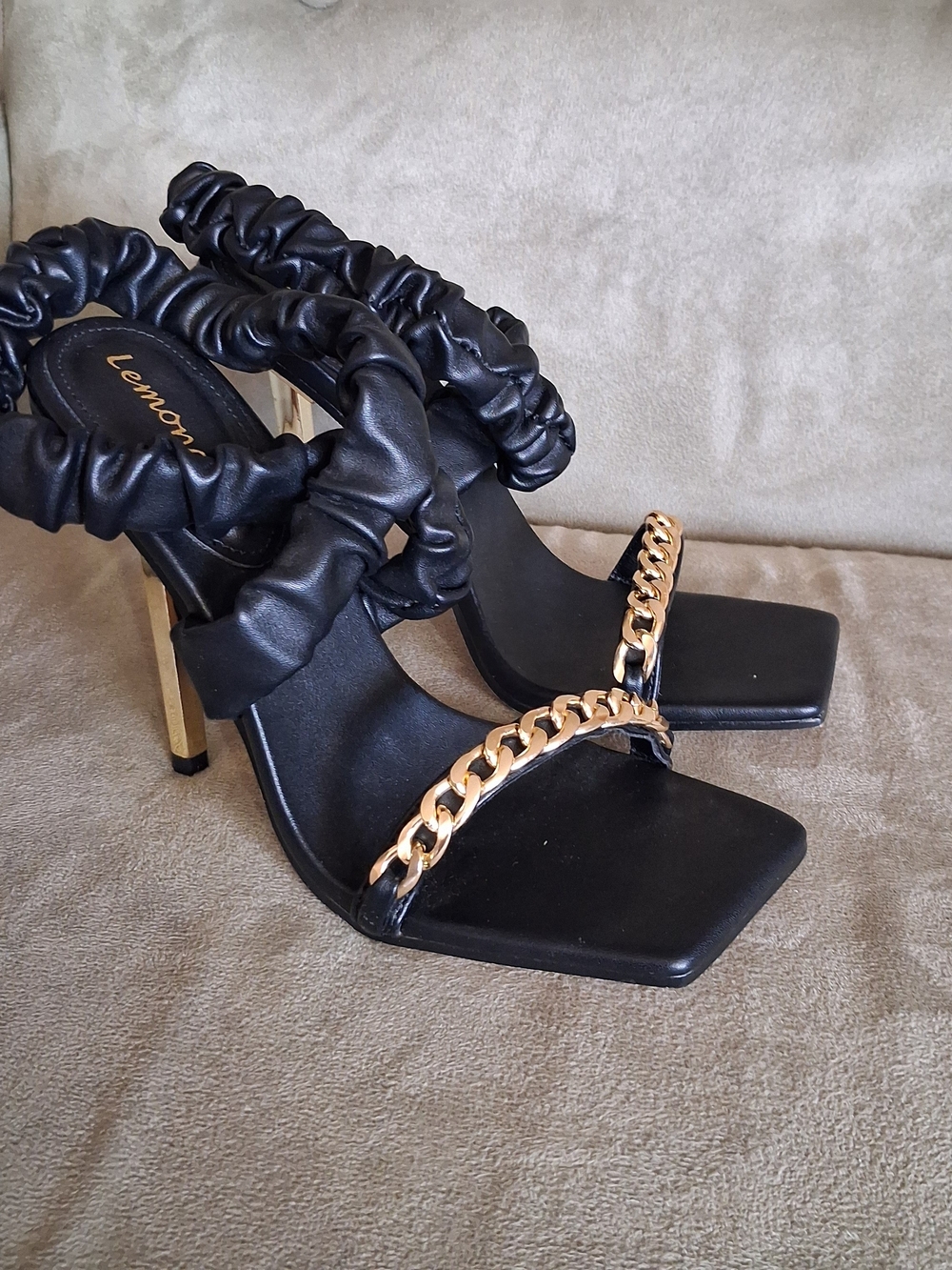 Lemonade Black Ruched Strap Heeled Sandals with Gold Chain